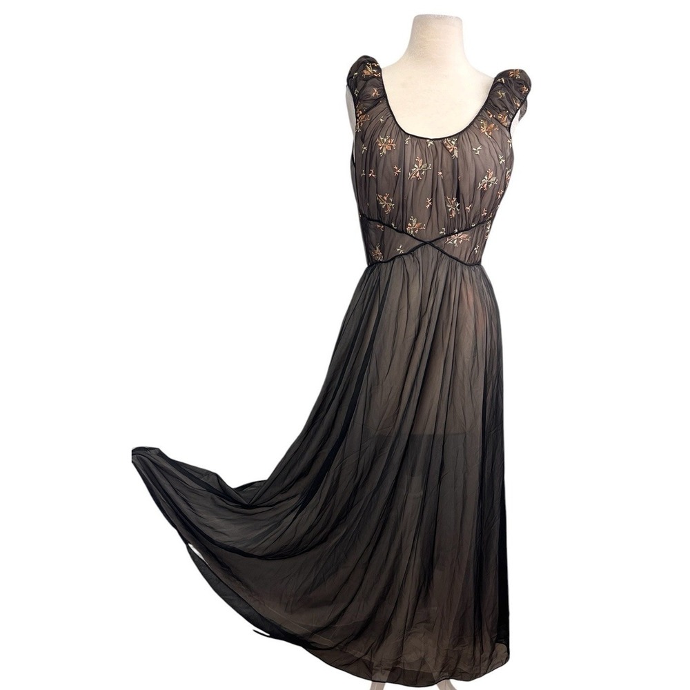 Vintage Sheerโ Nightgown Black Blush 38 Embroidered 50s Cinderella Full Floral